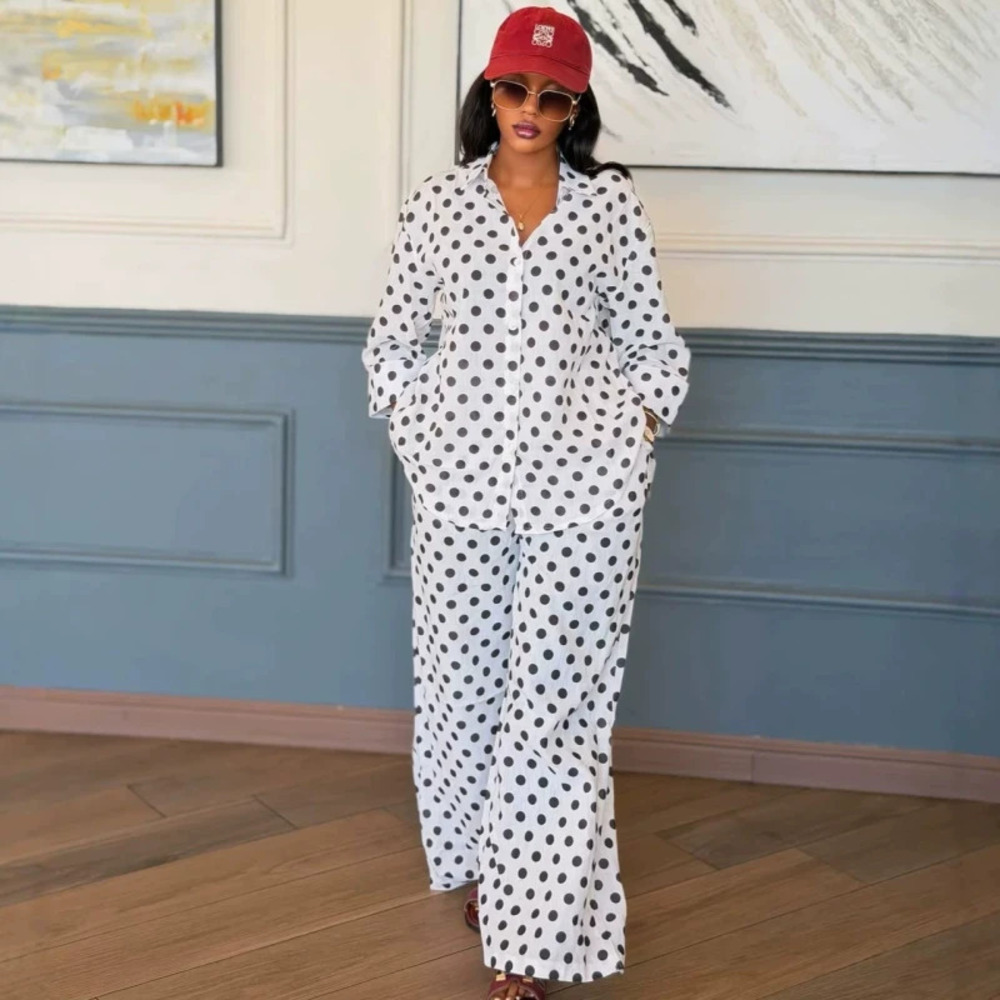 ZARA Plus Size Polka Dot Lapel Back Slit Shirt African Pants Two Piece Set